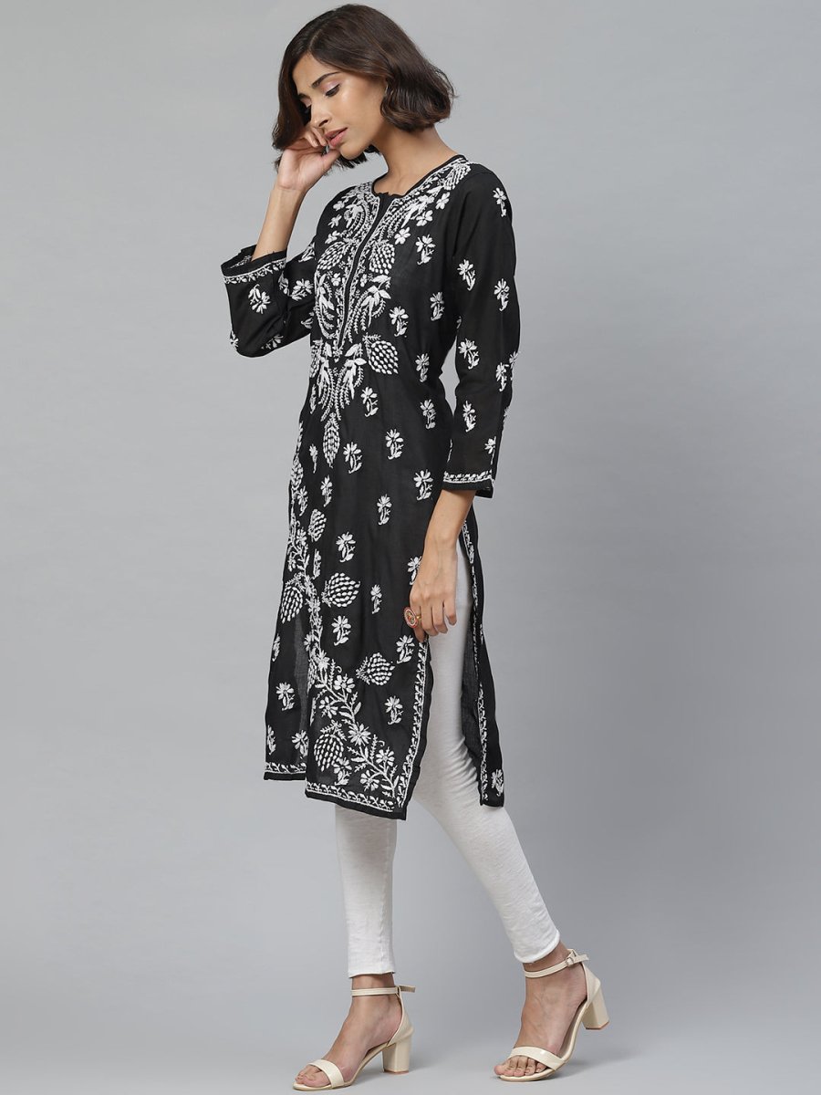 ADA Women Black & White Chikankari Embroidered Straight Sustainable Handloom Kurta | Swadesiicart