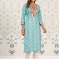 Ode by House of Pataudi Sea Green Ethnic Printed Tie-Up Neck Gotta Patti Straight Kurta - Swadesiicart