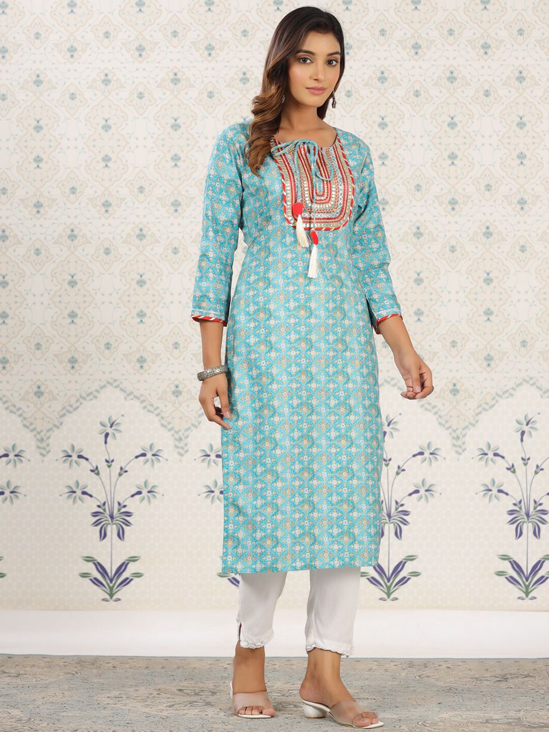 Ode by House of Pataudi Sea Green Ethnic Printed Tie-Up Neck Gotta Patti Straight Kurta - Swadesiicart