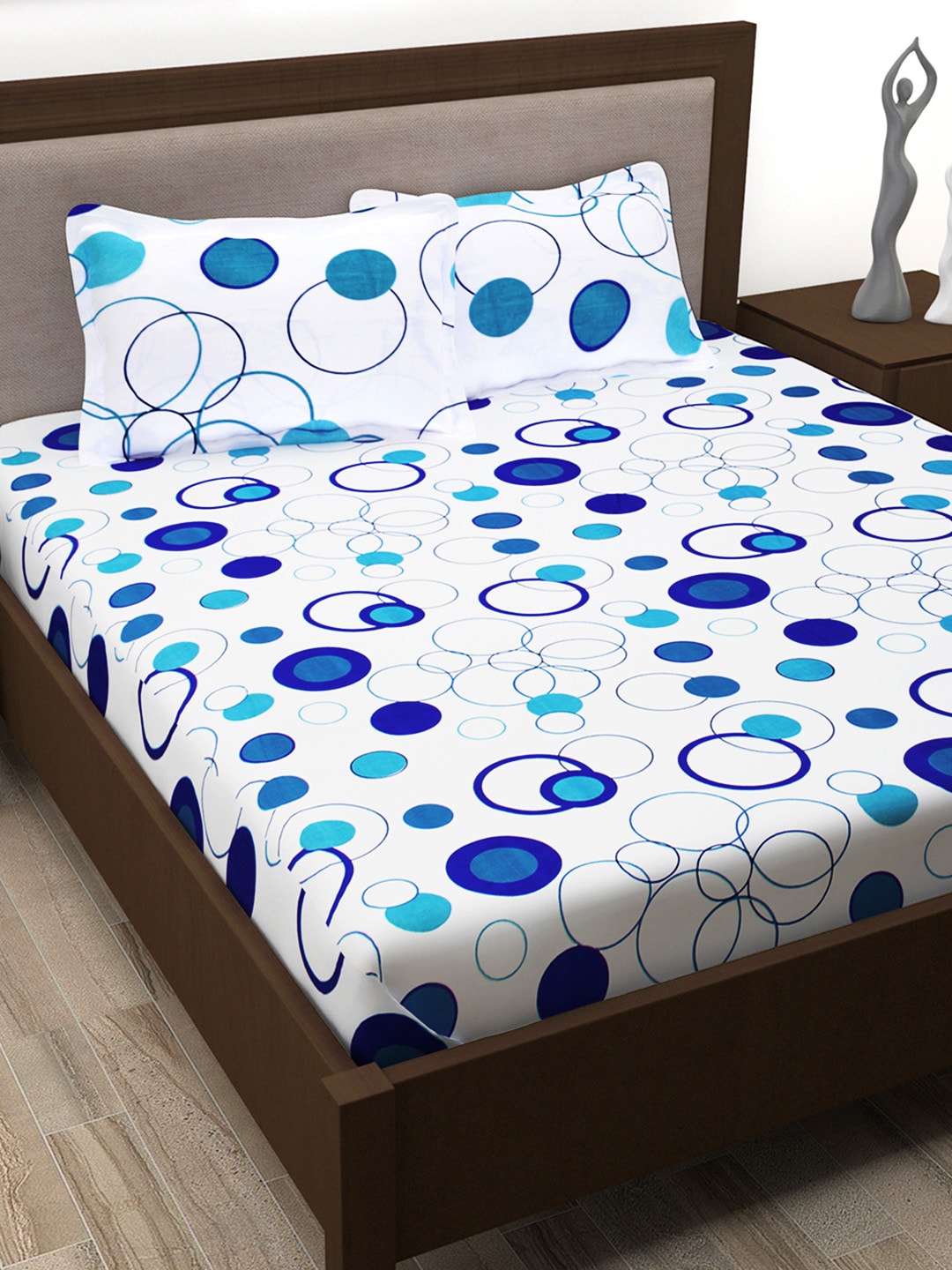 Story@home White & Blue Geometric 186 TC Cotton 1 Queen Bedsheet with 2 Pillow Covers - Swadesiicart