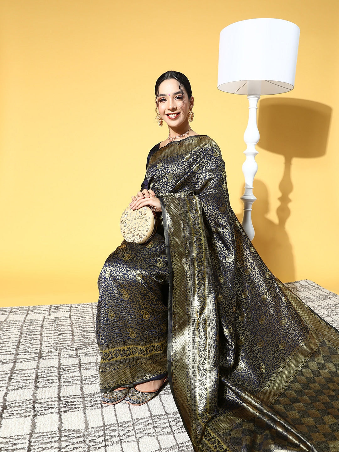 Saree Mall Navy Blue & Gold-Toned Ethnic Motifs Zari Silk Blend Banarasi Sarees | Swadesiicart