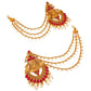Aadita Red Gold-Toned & White Pearls Studded Contemporary Drop Earrings With Hair Chain | Swadesiicart