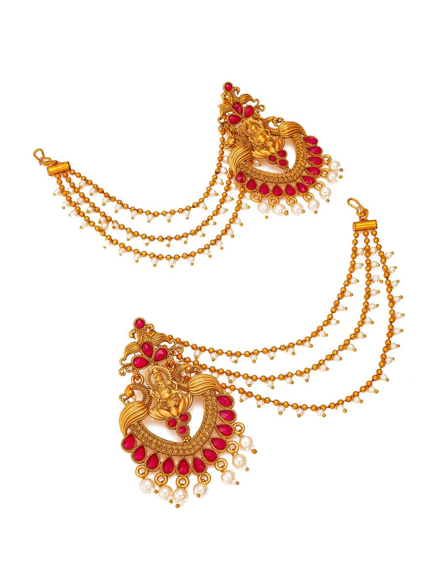 Aadita Red Gold-Toned & White Pearls Studded Contemporary Drop Earrings With Hair Chain | Swadesiicart