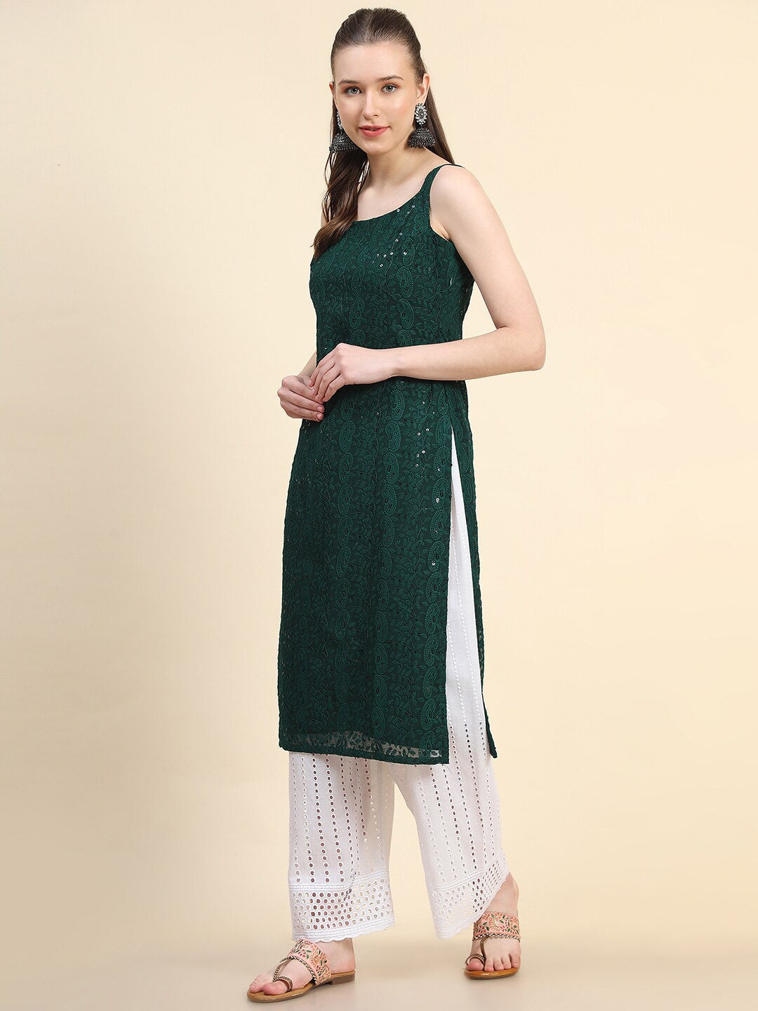Kalini Women Paisley Embroiderd Chikankari Sequinned Georgette Kurta | Swadesiicart