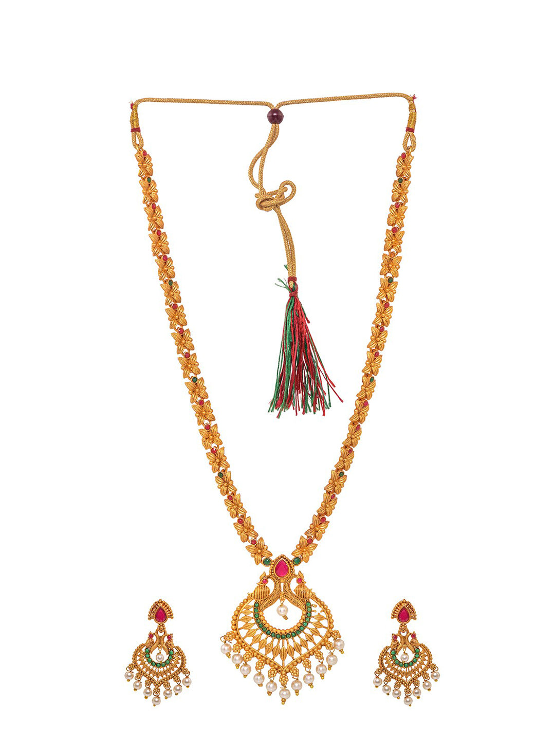 Saraf RS Jewellery Gold-Polished Red & Green Bridal Temple Jewellery Set - Swadesiicart