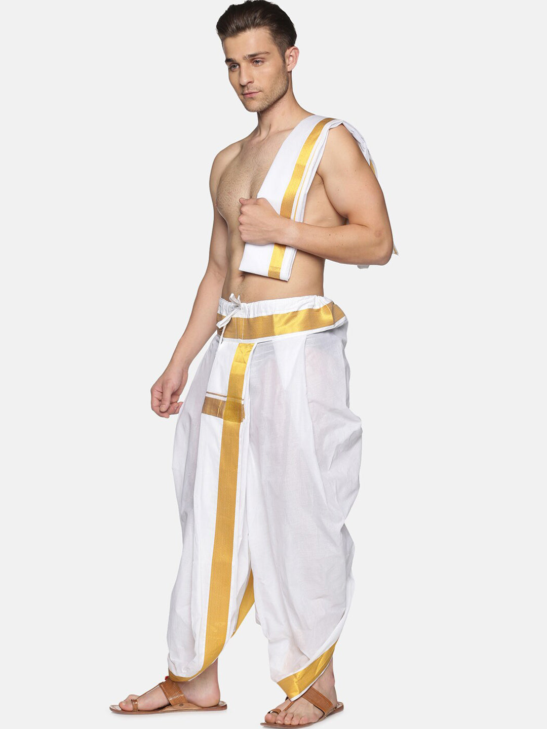 Sethukrishna Men White & Gold-Toned Solid Ready Made Dhoti Pants | Swadesiicart