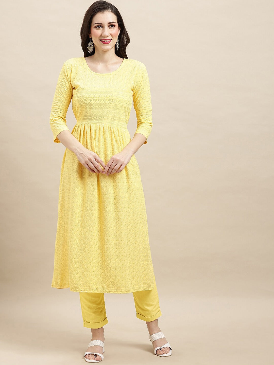 Sangria Yellow Ethnic Motifs Embroidered Chikankari A-Line Kurta | Swadesiicart