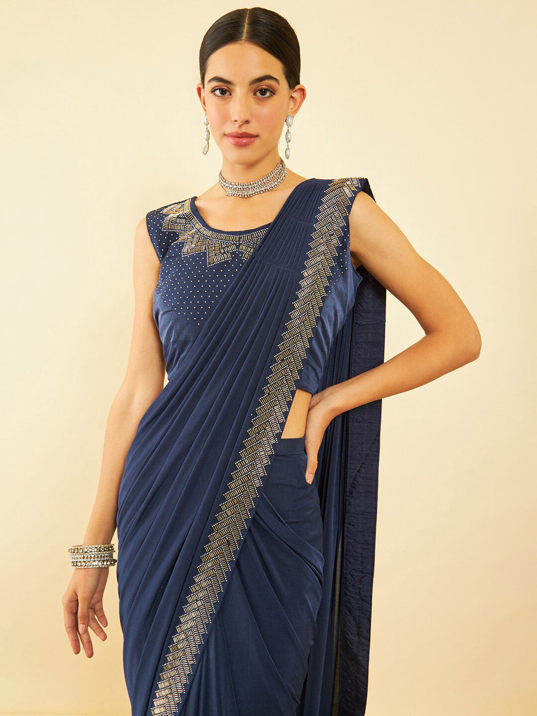 Soch Blue Beads and Stones Ready to Wear Saree | Swadesiicart