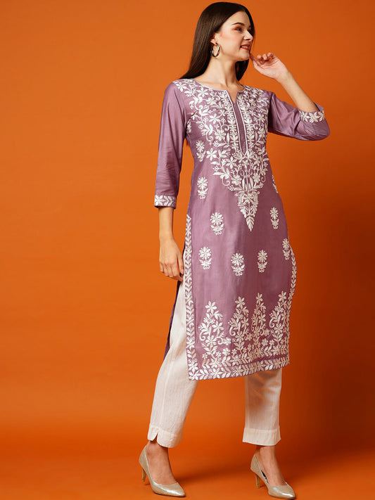 Kalini Floral Embroidered Cotton Straight Kurta - Swadesiicart