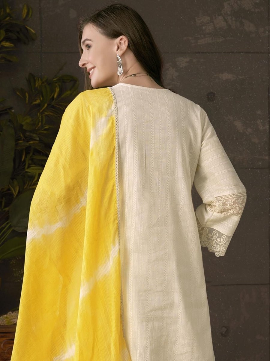 Anouk Embroidered Pleated Chikankari Pure Cotton A-Line Kurta With Trousers & Dupatta | Swadesiicart