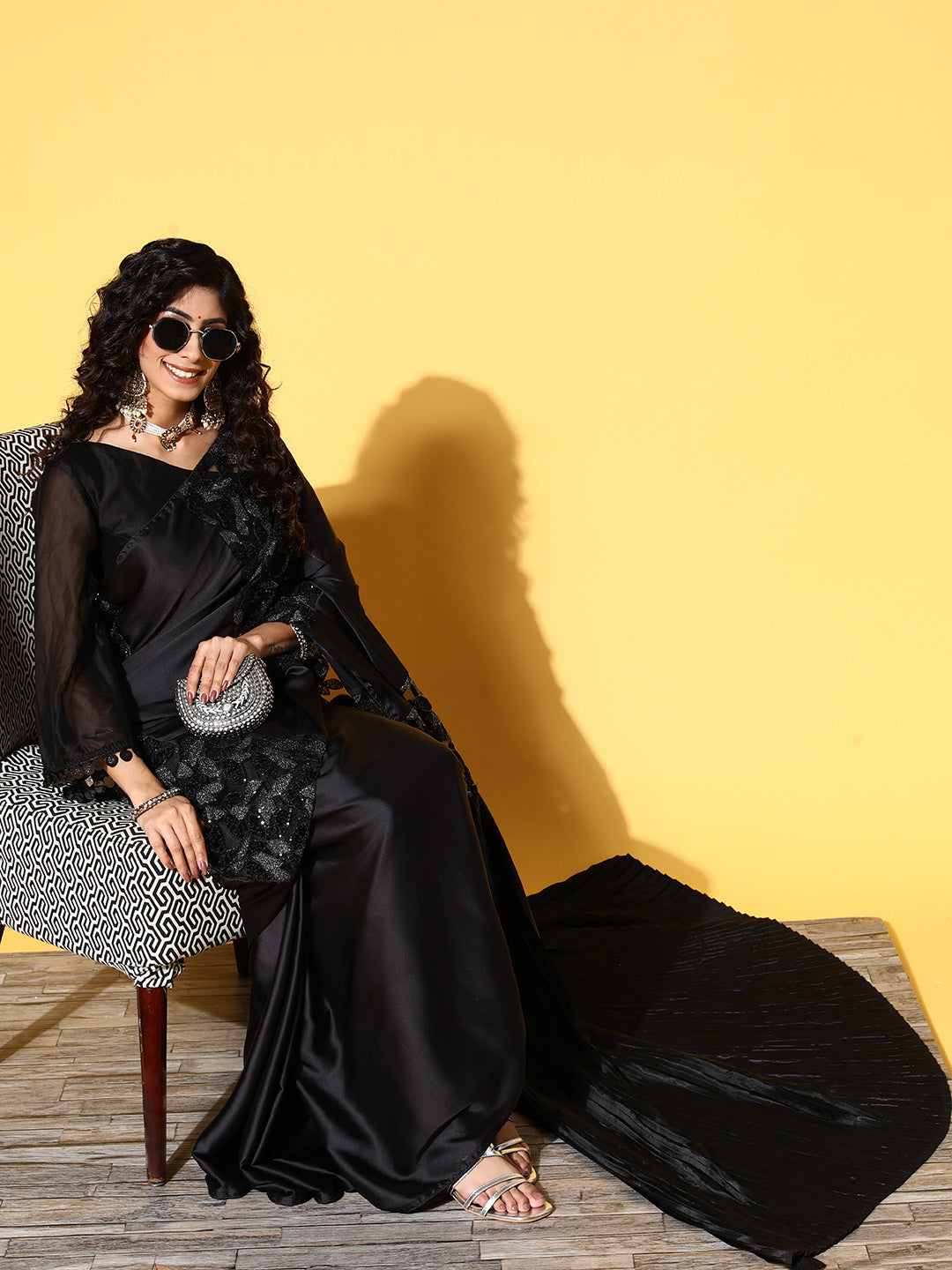 Tikhi Imli Black Floral Sequinned Satin Saree | Swadesiicart