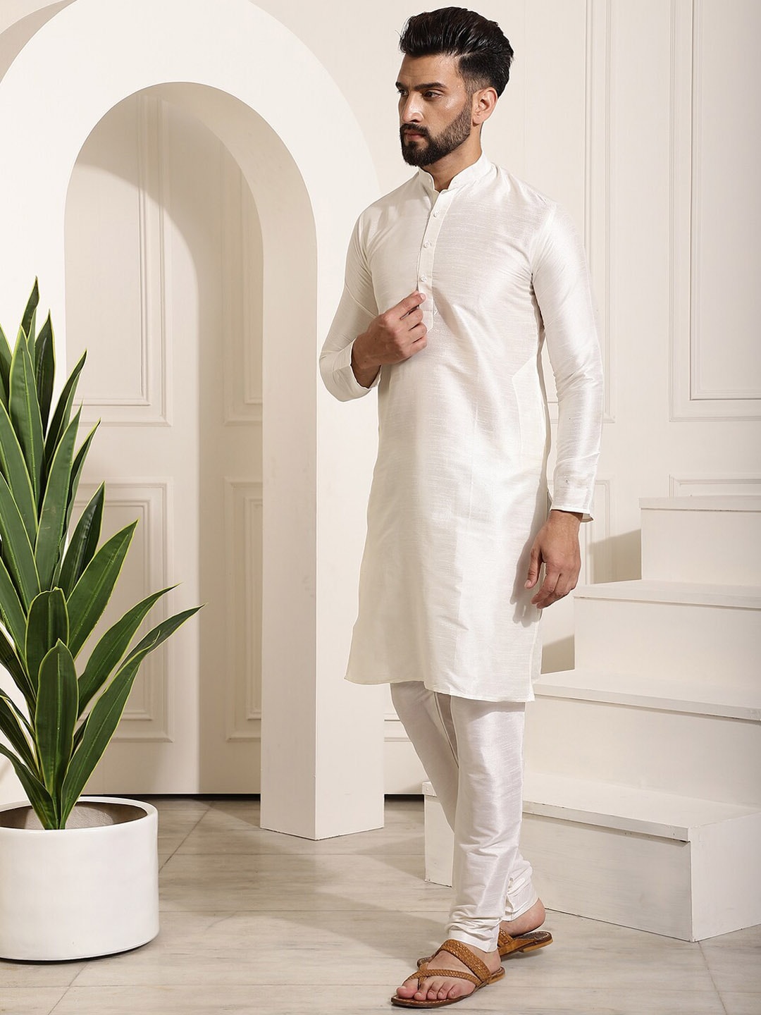 Sojanya Band Collar Straight Kurta & Churidar with Nehru jacket | Swadesiicart