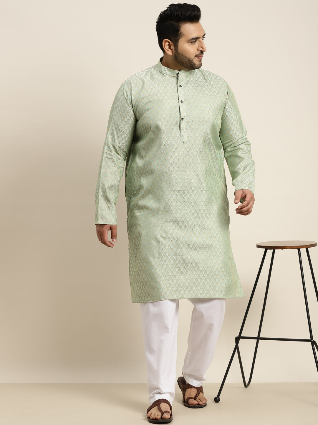 Sojanya Plus Men Green Jacquard Self Design Kurta with Pyjamas | Swadesiicart