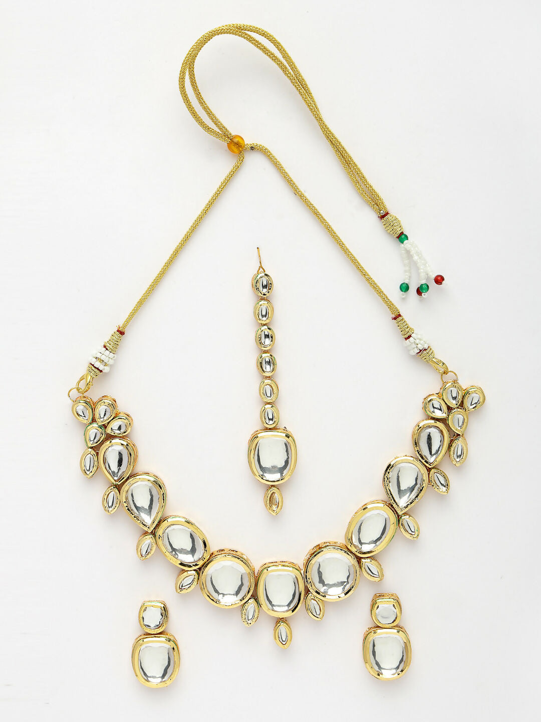 NVR Women's Gold Kundan-Studded Necklace and Earrings with Mang Tikka - Swadesiicart