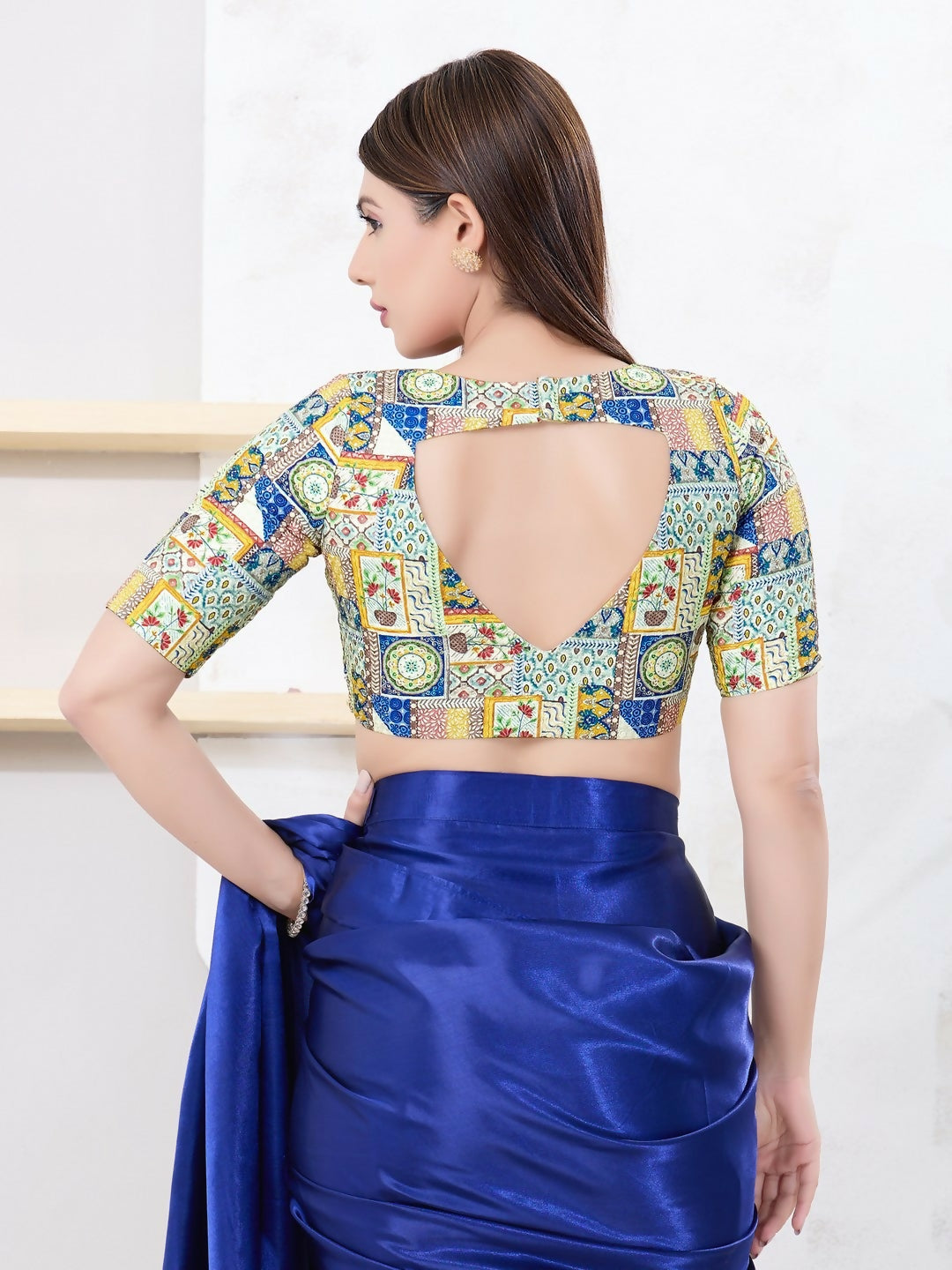Joban Fashion Multi Polyester Elbow Sleeveless Front Open Blouse - Swadesiicart
