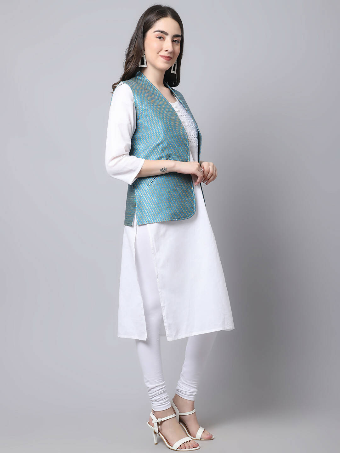 Even Apparels Blue Bansari Silk Open Front Gillet | Swadesiicart