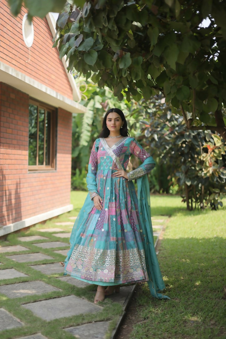 Jyoti Fashion Women's Sky Blue Russian Silk Digital Print with Embroidered Anarkali Dress with Dupatta | Swadesiicart