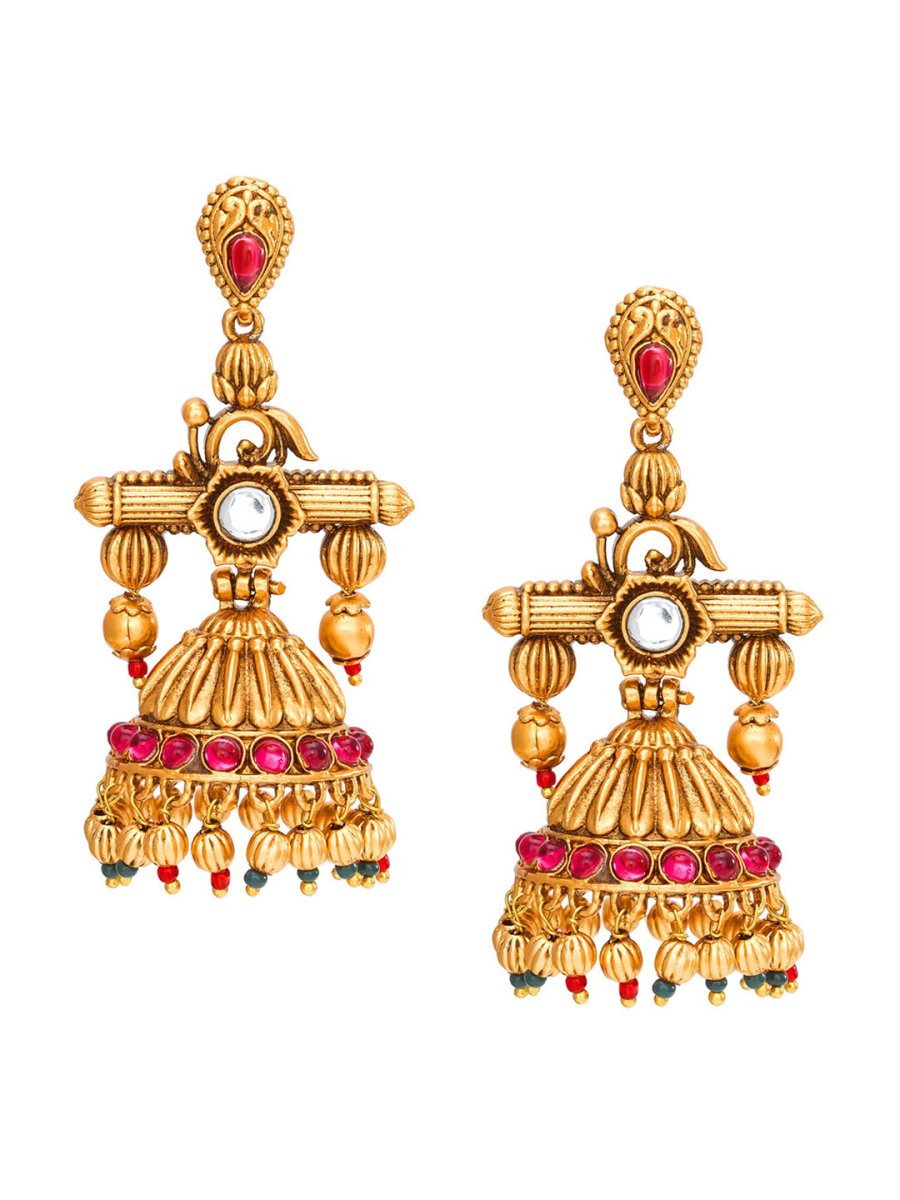 Aadita Gold-Toned Geometric Jhumkas Earrings - Swadesiicart