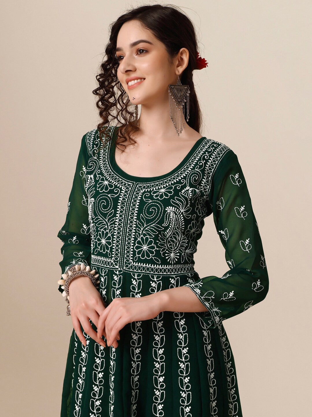 HERE&NOW Ethnic Motifs Embroidered Chikankari Georgette Anarkali Kurta | Swadesiicart