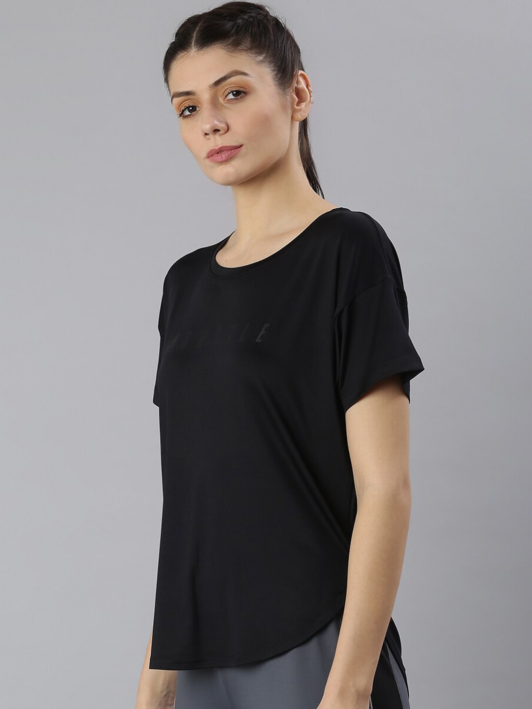 MKH Women Black Typography Printed Dri-FIT Sports T-shirt - Swadesiicart