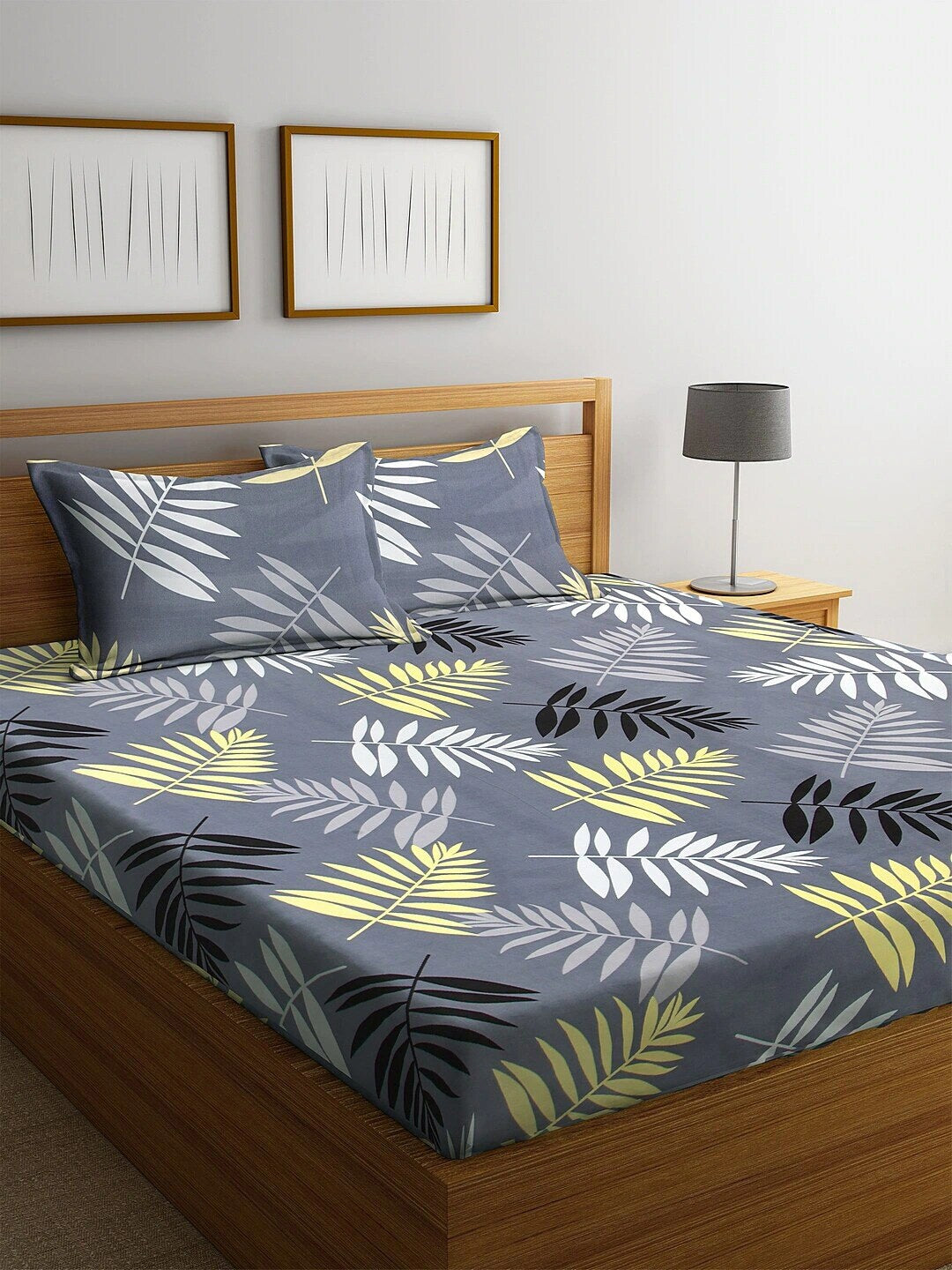 Home Sizzler Grey Printed 144 TC 1 Queen Bedsheet with 2 Pillow Covers - Swadesiicart