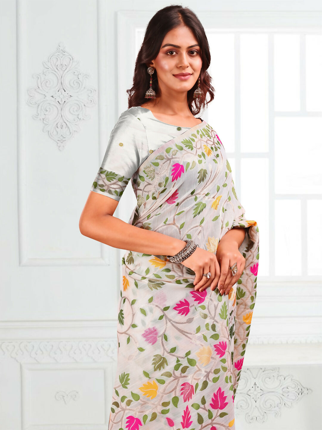 Shree Shyam Fashion Linen Cotton White Saree