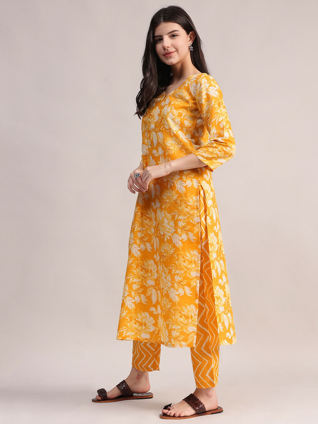 Aavyora Women Mustard Yellow Floral Printed Kurta with Chevron Printed Pants & Dupatta Set - Swadesiicart