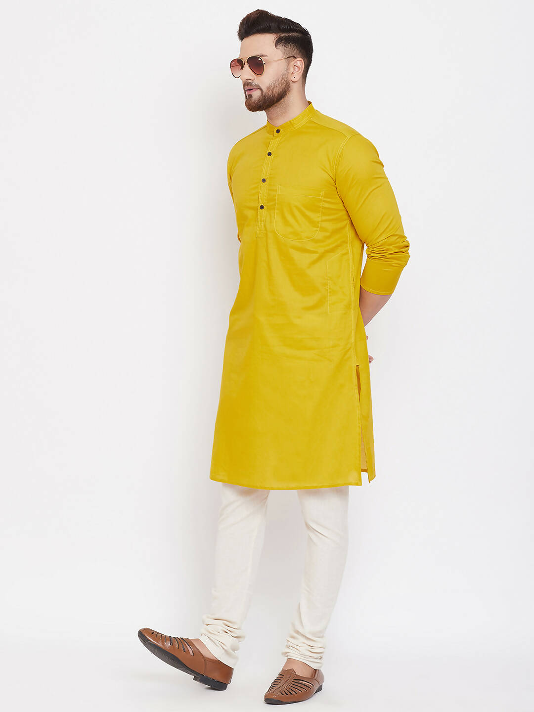 Even Apparels Pure Cotton Yellow Men's Kurta With Band Collar | Swadesiicart