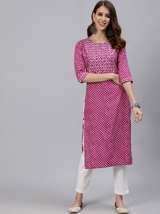 Jaipur Kurti Women Magenta Printed Straight Kurta With Embroidered Yoke Design - Swadesiicart