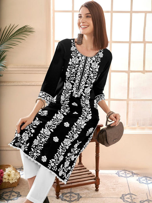 Anouk Floral Embroidered Round Neck Chikankari Straight Kurta | Swadesiicart