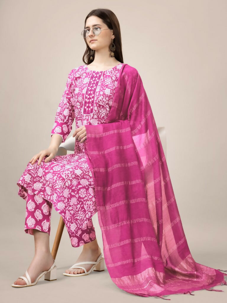 Jyoti Fashion Women's Pink Rayon Print with Embroidery & Fancy Lace Work Kurta with Trouser & Dupatta | Swadesiicart