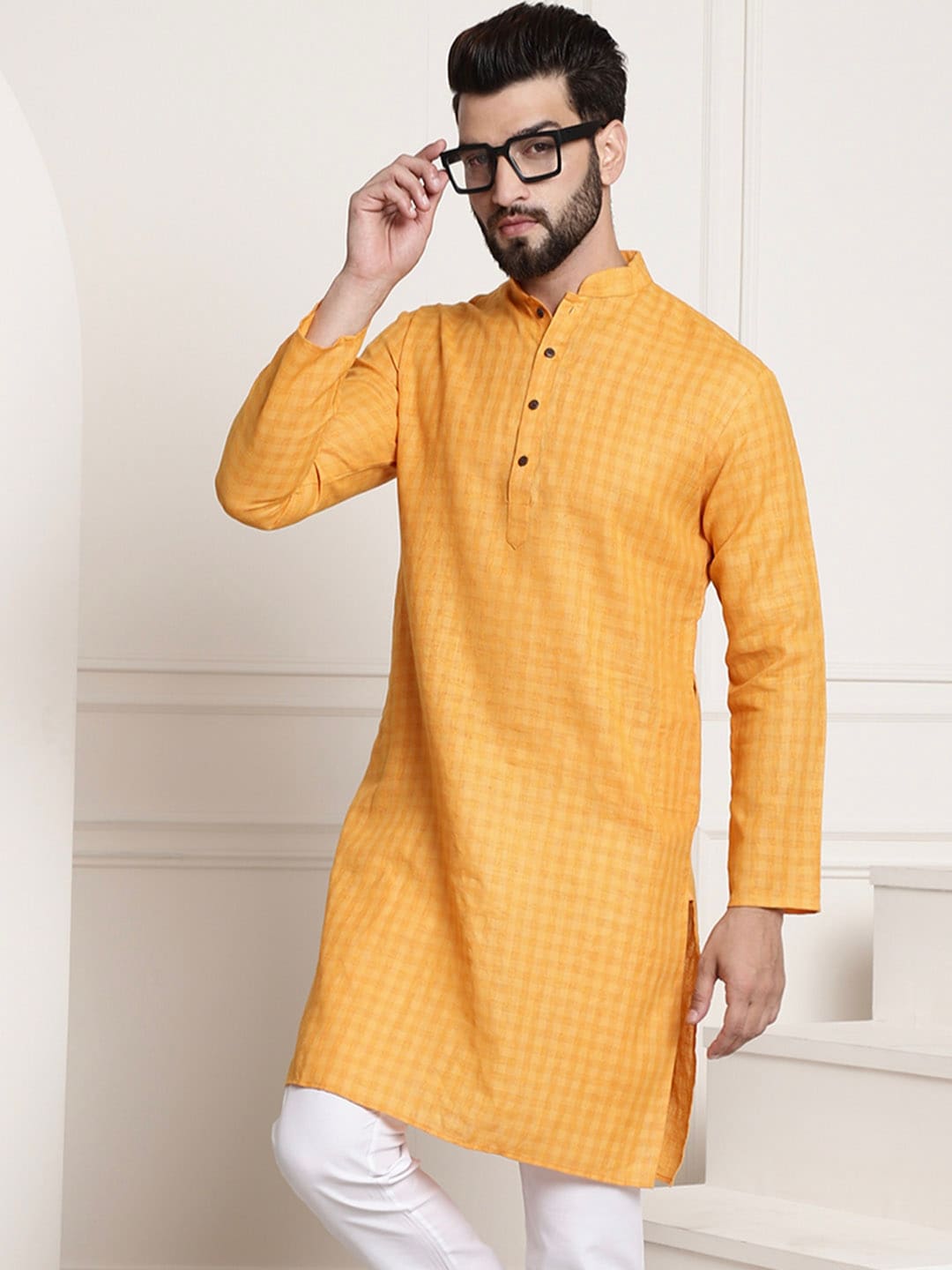 Sojanya Men Mustard Yellow Dobby Self-Checked Straight Kurta | Swadesiicart