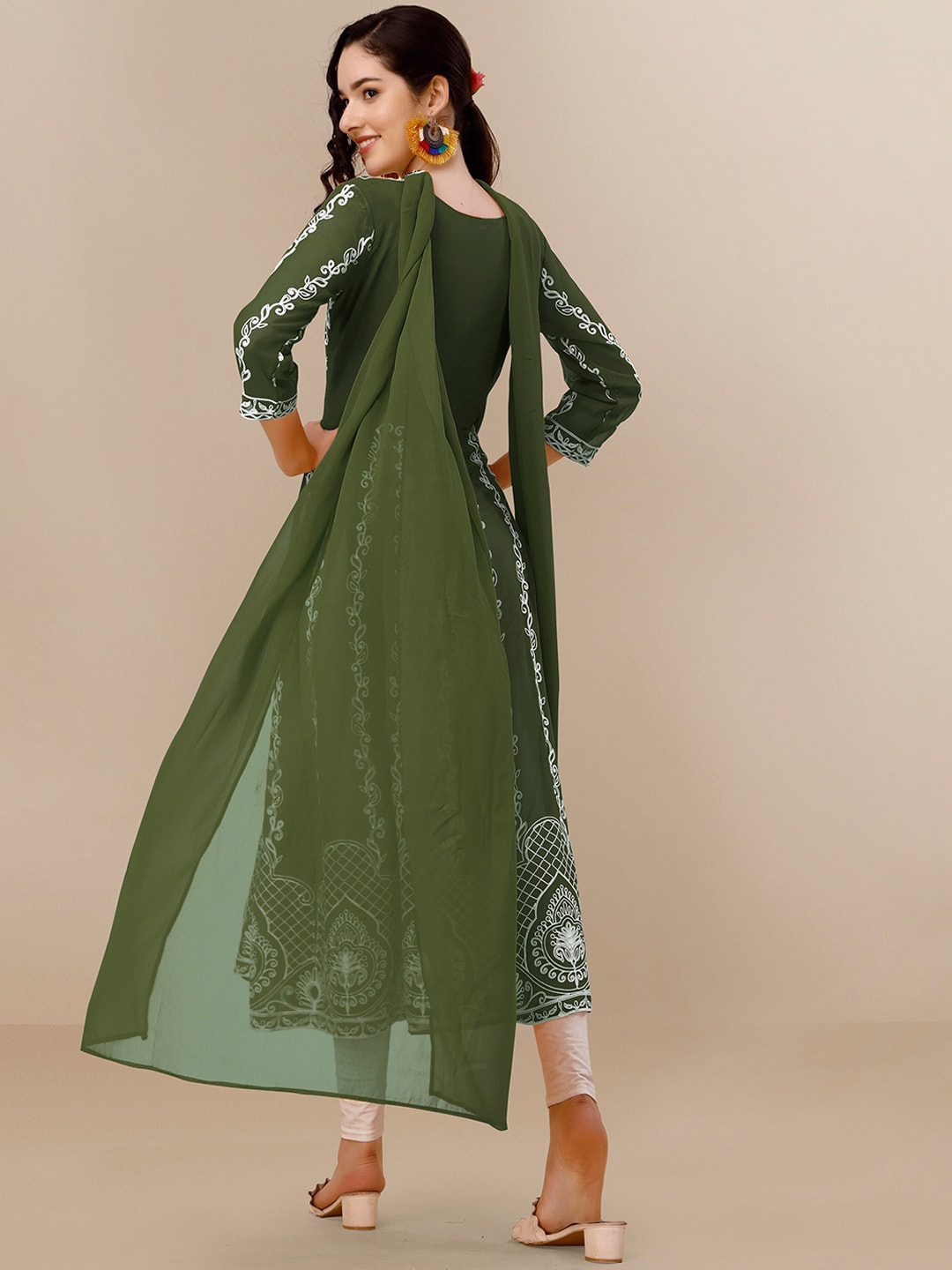 HERE&NOW Green & White Ethnic Motifs Embroidered Chikankari Kurta & Dupatta | Swadesiicart