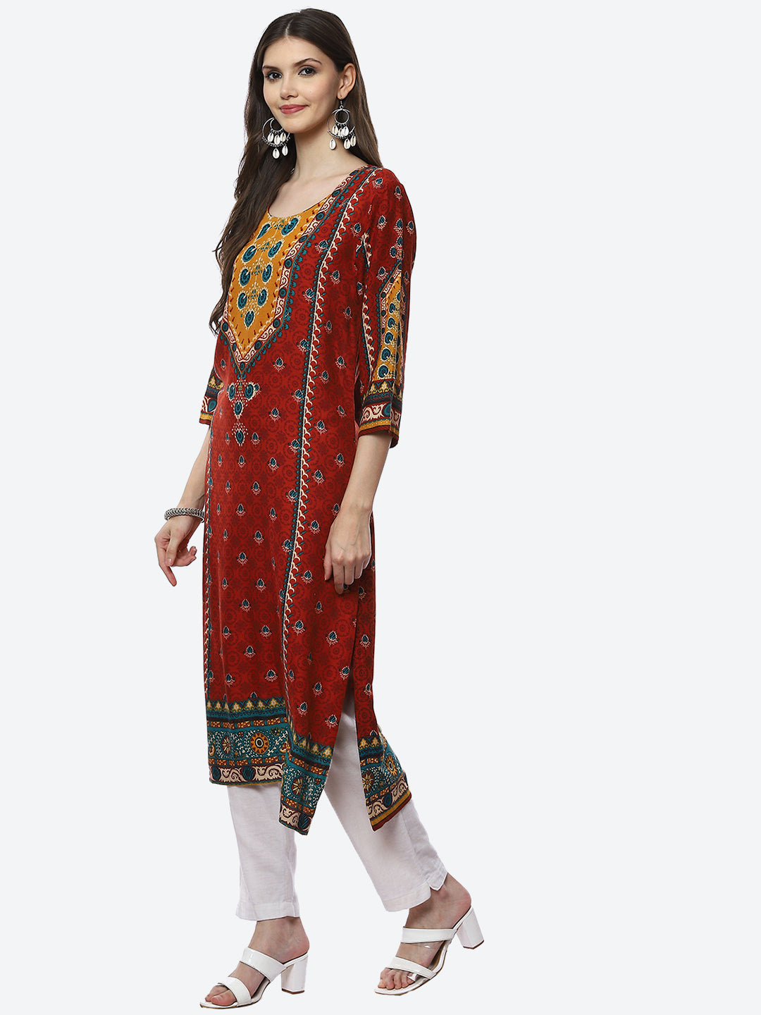 Biba Women Rust Floral Printed Kurta - Swadesiicart