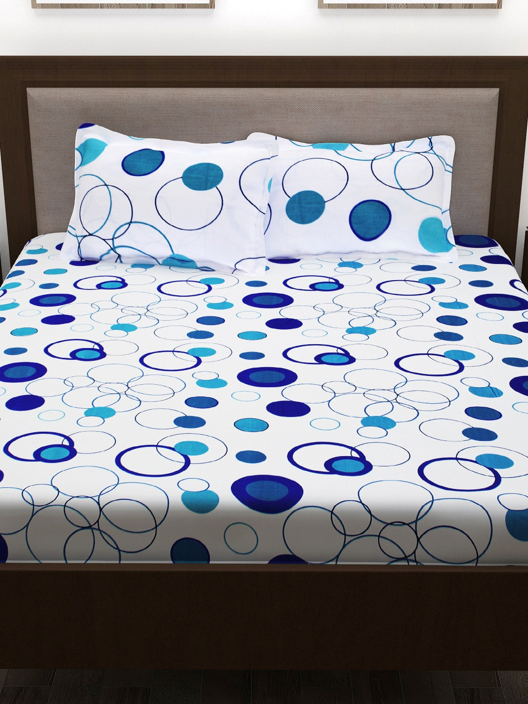 Story@home White & Blue Geometric 186 TC Cotton 1 Queen Bedsheet with 2 Pillow Covers - Swadesiicart