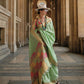 Envy Greensoft Handloom Sik Zari & Thread Work, Contrast Pallu Saree - Rajtex Kube Silk - Swadesiicart