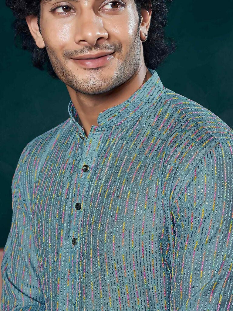 Blue Viscose Designer Sequance Embroidery Work Men's Kurta Set - Mahotsav