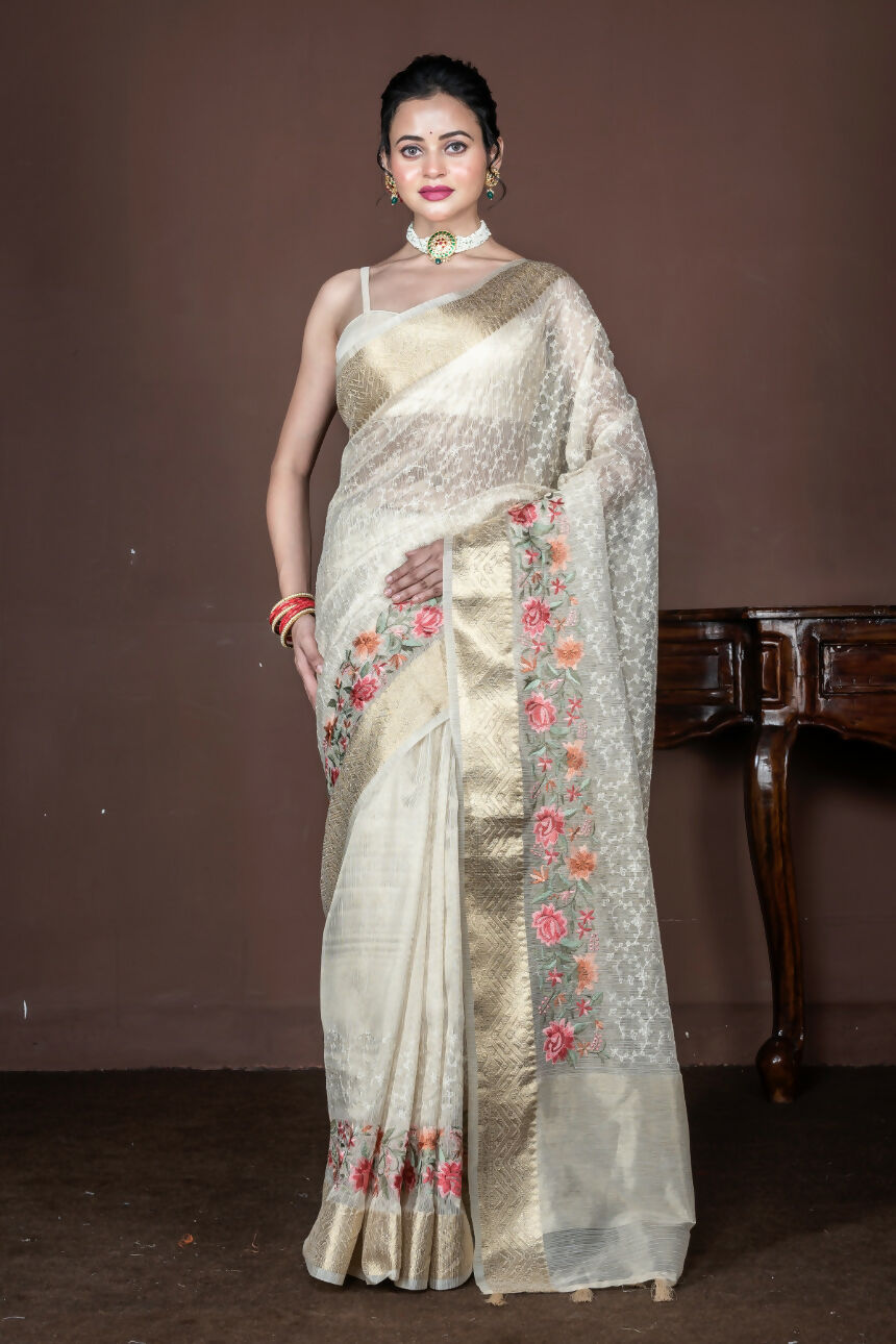 Morchari Beige Banarasi Tissue Computer Embroidery Saree Unstitched Blouse | Swadesiicart