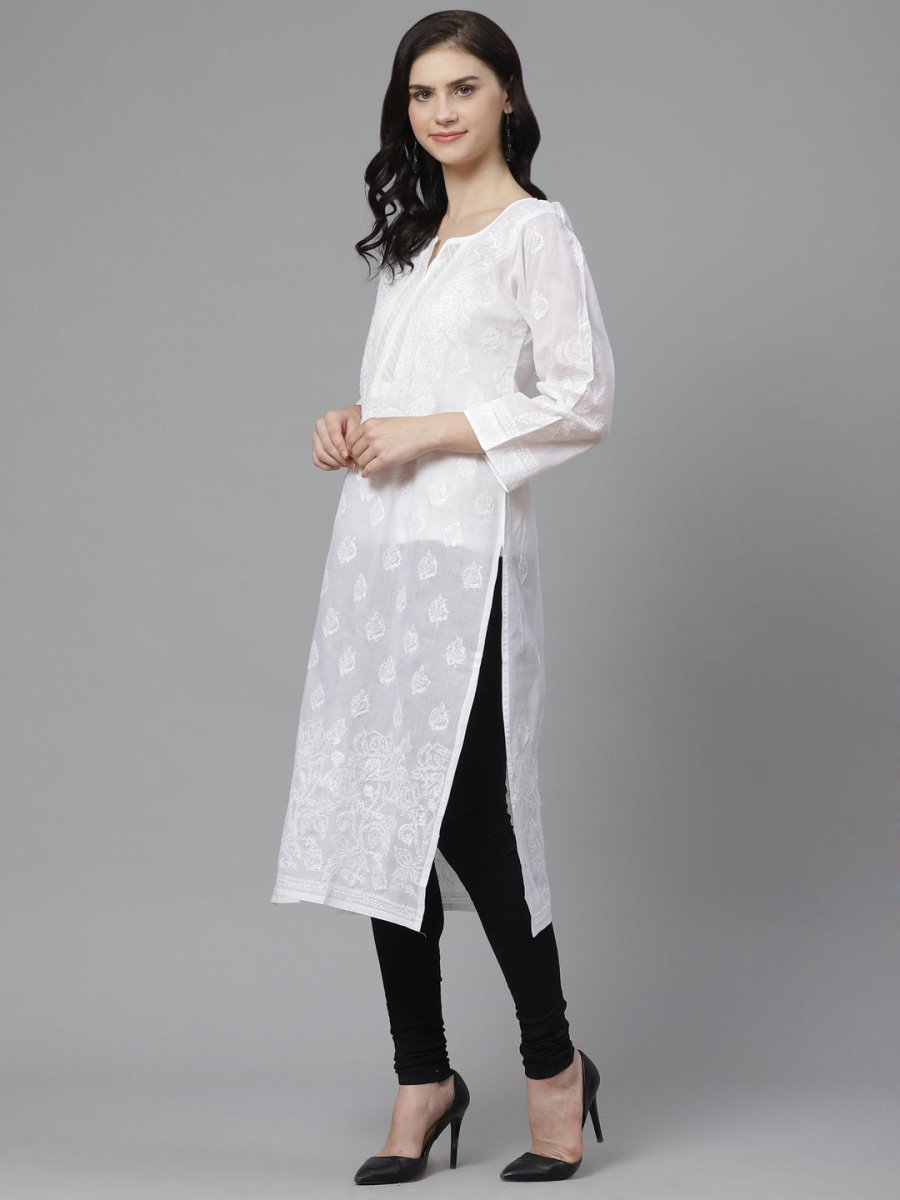 ADA Women White & Black Chikankari Embroidered Semi-Sheer Sustainable Handloom Kurta with Churidar | Swadesiicart