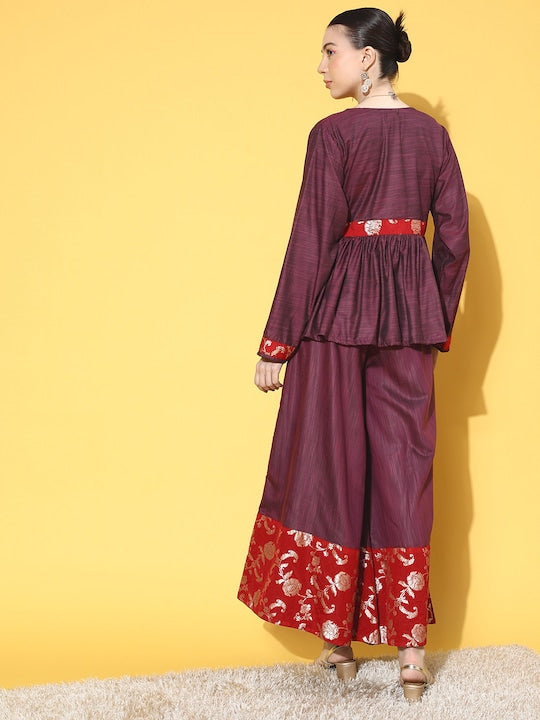 InWeave Women's Wine Red Brocade Mughal Shaan Kurta Palazzo Set - Swadesiicart