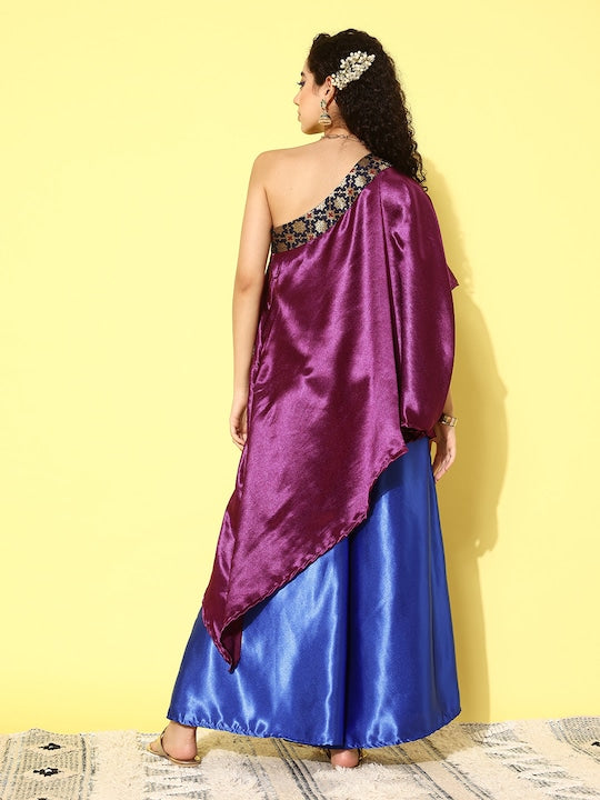 InWeave Women's Wine Navy Brocade Satin Oneshoulder Blue Palazzo Set - Swadesiicart