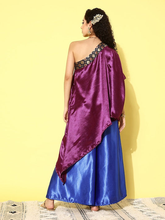 InWeave Women's Wine Navy Brocade Satin Oneshoulder Blue Palazzo Set - Swadesiicart