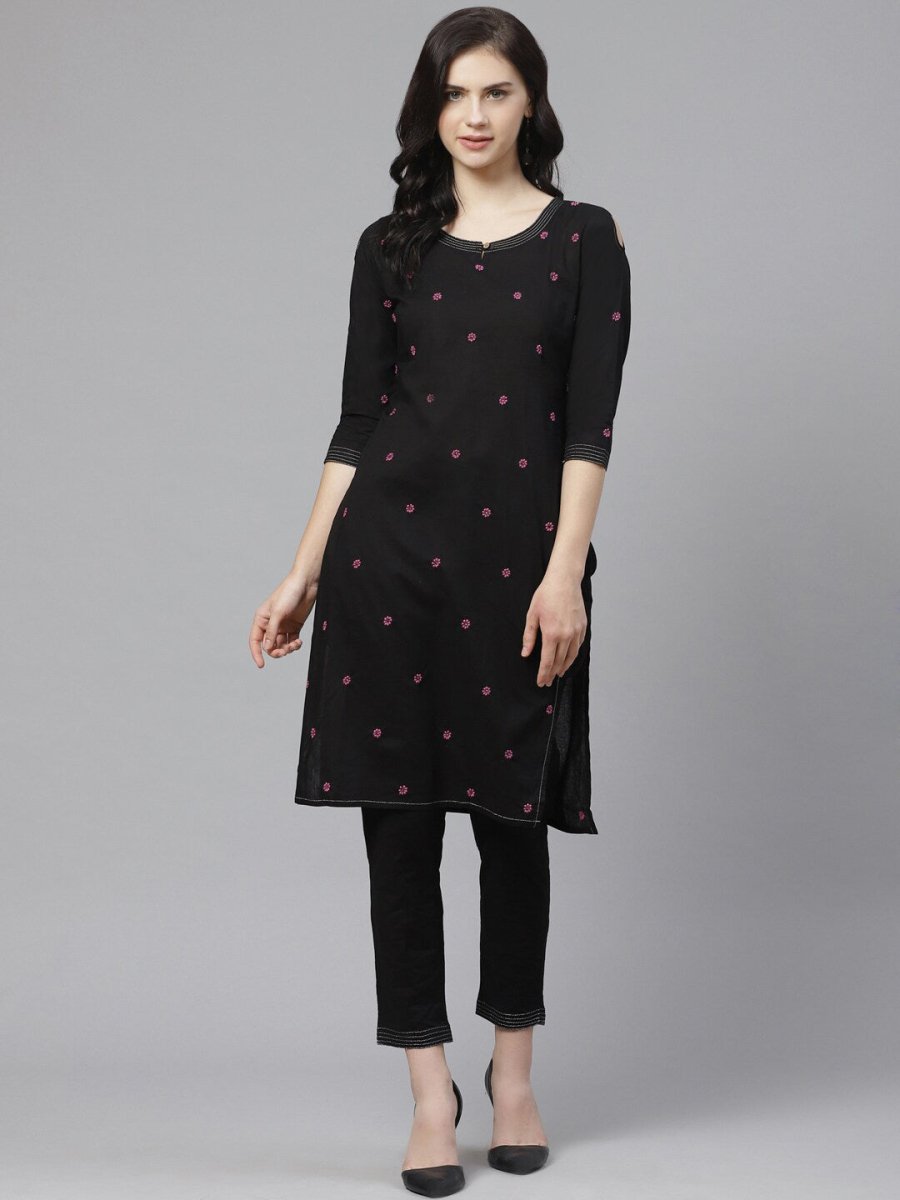 ADA Women Black & Pink Chikankari Embroidered Sustainable Handloom Kurta with Trousers | Swadesiicart