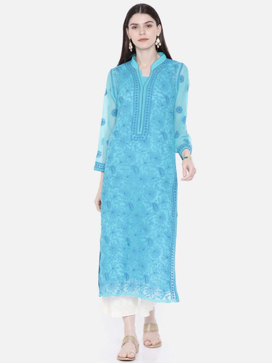 ADA Women Blue Embroidered Lucknow Chikankari Straight Kurta With Slip | Swadesiicart