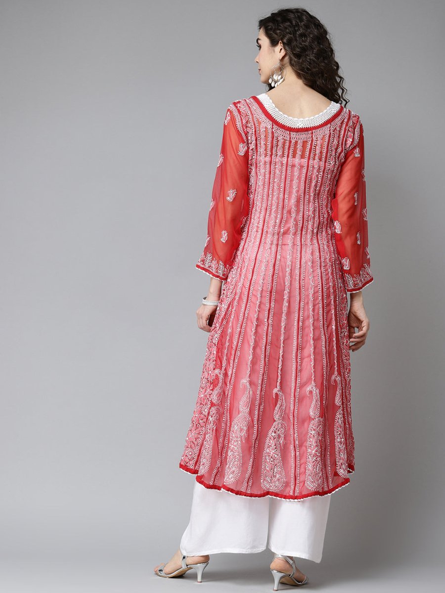 ADA Women Red & White Ethnic Motifs Embroidered Chikankari Georgette Kurta | Swadesiicart