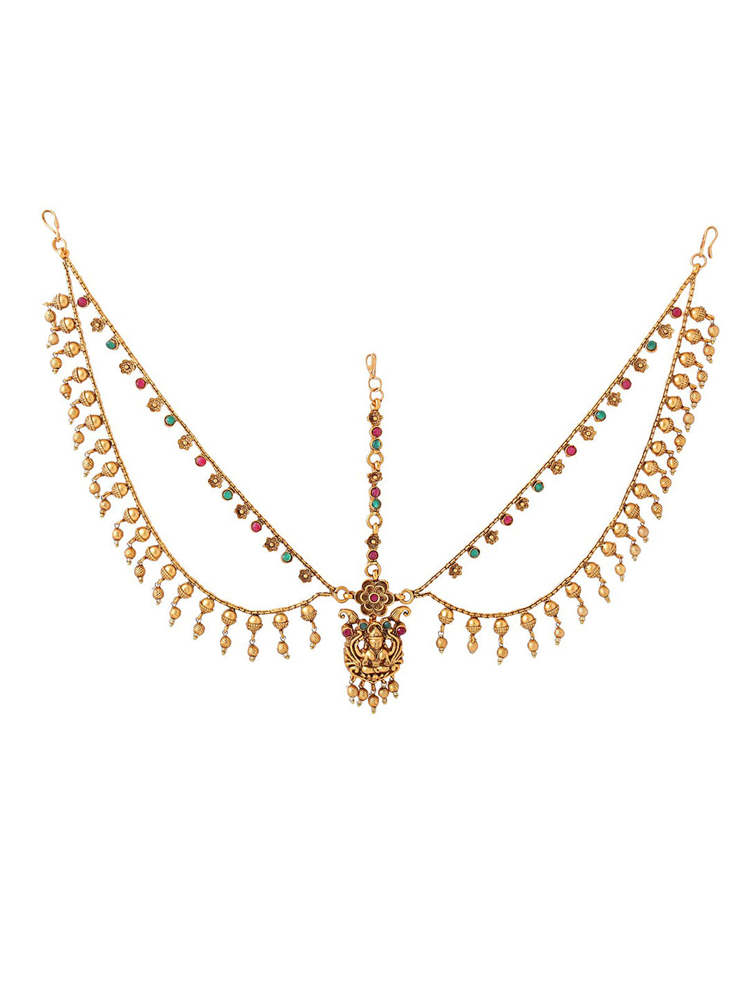 Yellow Chimes Gold-Polished Red & Green Stone-Studded Layered Bridal Traditional Mathapatti | Swadesiicart