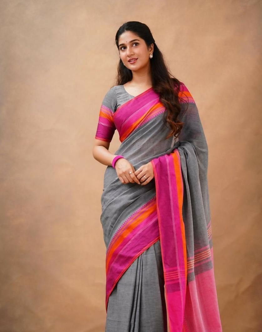 Exclusive Collection Grey Beautiful Khadi Cotton Handloom Saree - Swadesiicart