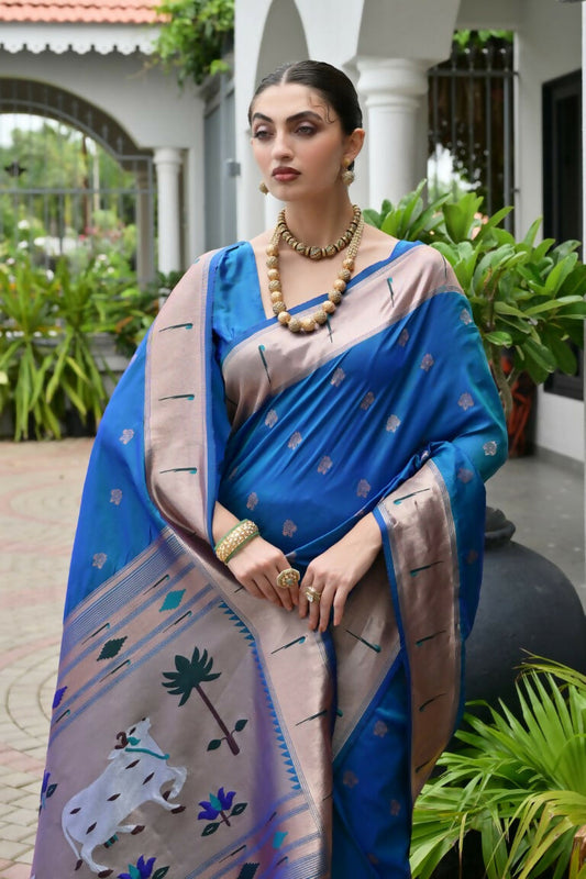 Vishnu Weaves Women's Rama Paithani Silk Zari Woven Saree with Blouse - Swadesiicart