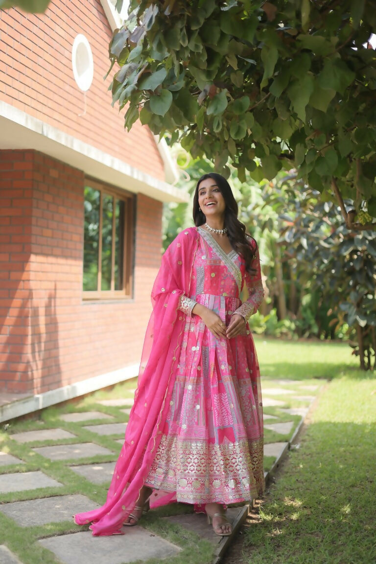 Jyoti Fashion Women's Pink Russian Silk Digital Print with Embroidered Anarkali Dress with Dupatta | Swadesiicart