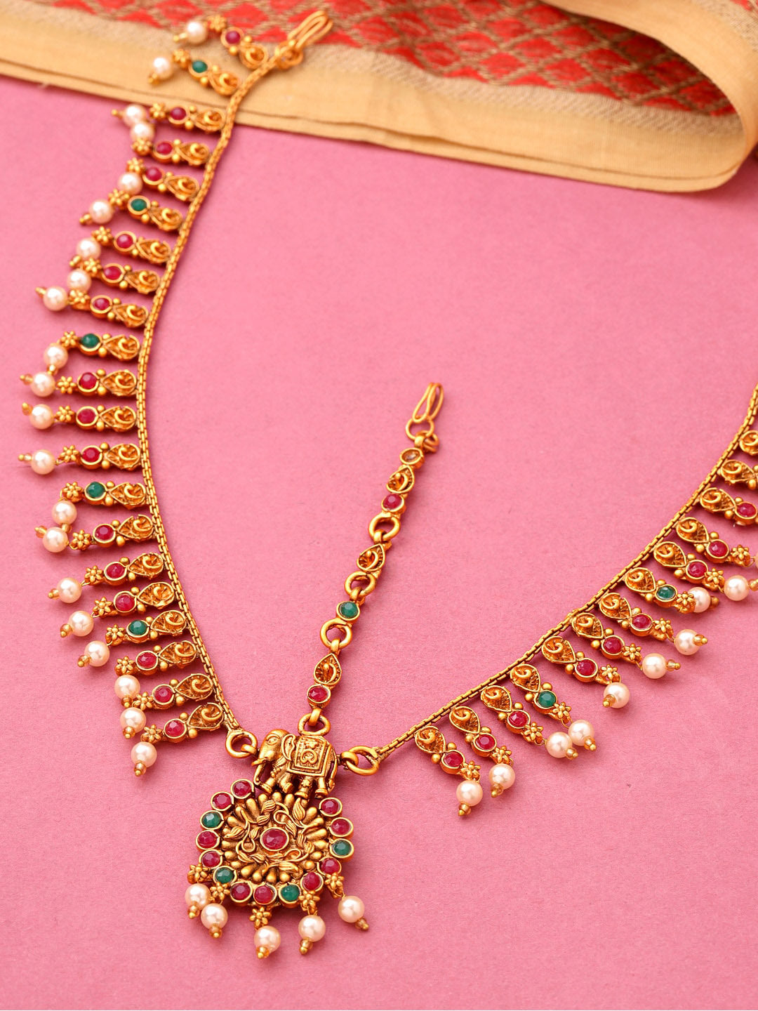 Yellow Chimes Women Gold-Polished,Maroon,Green White Pearl Hanging Bridal Mathapatti | Swadesiicart